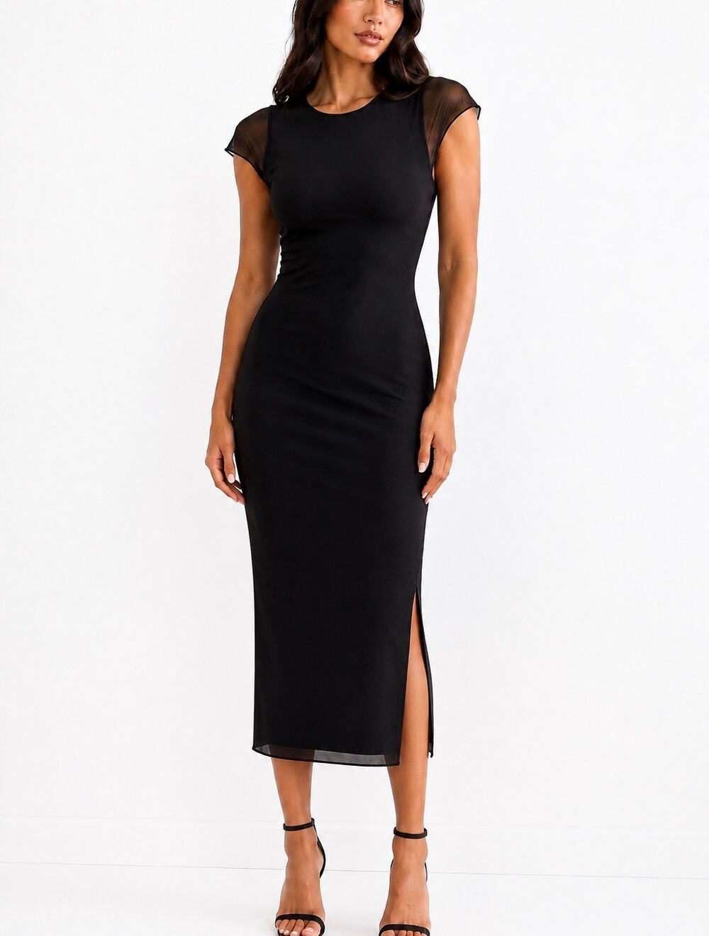 Bebe Powermesh Stretch Midi Bodycon Dress Women’s Sz Small Black Minimalist